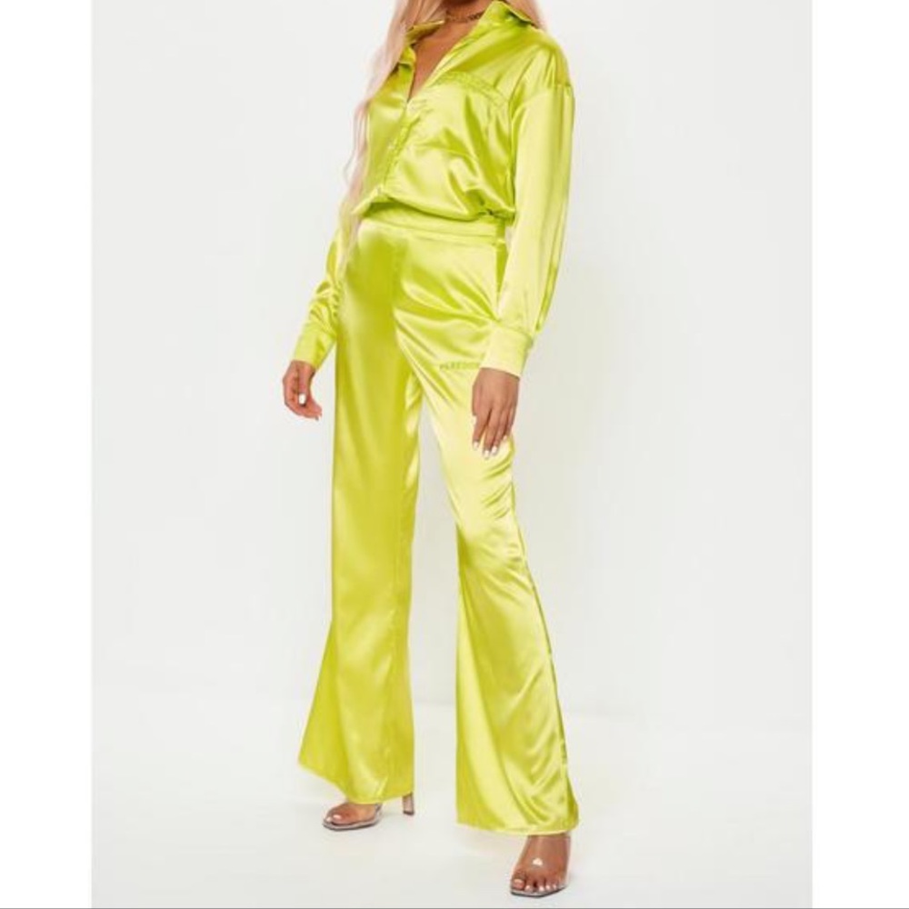 Neon Green Playboy wide leg silk pants
